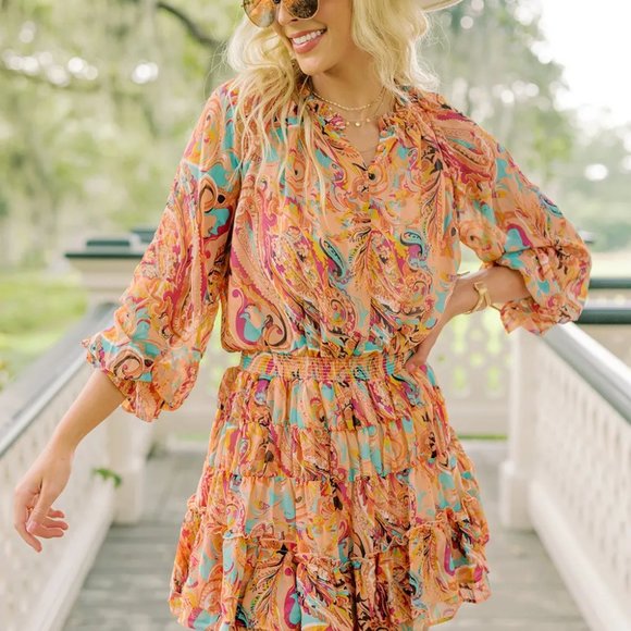 Multicolour Paisley Print Frilled Mini Dress - Picture 3 of 7